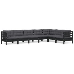 vidaXL Muebles de jardín 7 pzas y cojines negro madera maciza de pino