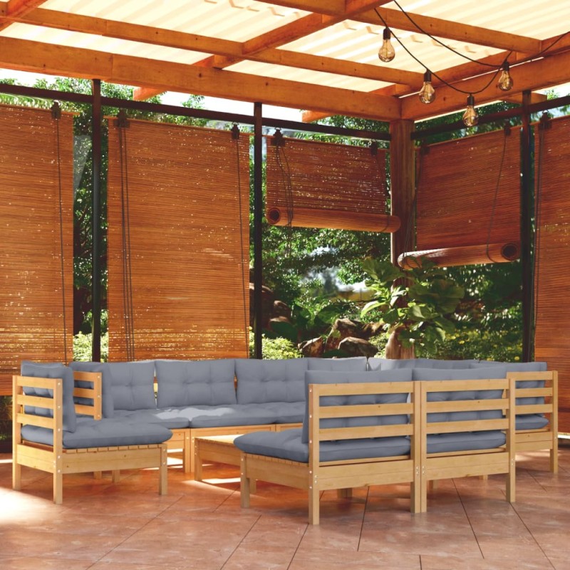 vidaXL Juego de muebles de jardín 10 pzas y cojines madera maciza pino vidaXL Juego de muebles de jardín 10 pzas y cojines madera maciza pino
