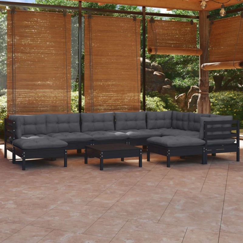 vidaXL Muebles de jardín 10 pzas con cojines negro madera maciza pino vidaXL Muebles de jardín 10 pzas con cojines negro madera maciza pino