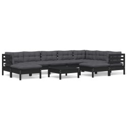 vidaXL Muebles de jardín 10 pzas con cojines negro madera maciza pino