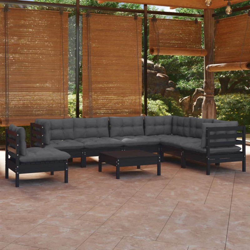 vidaXL Muebles de jardín 8 pzas con cojines negro madera maciza pino vidaXL Muebles de jardín 8 pzas con cojines negro madera maciza pino