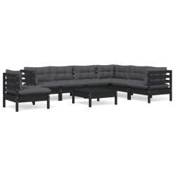 vidaXL Muebles de jardín 8 pzas con cojines negro madera maciza pino