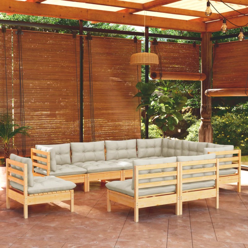 vidaXL Muebles de jardín 9 pzas y cojines madera maciza de pino crema