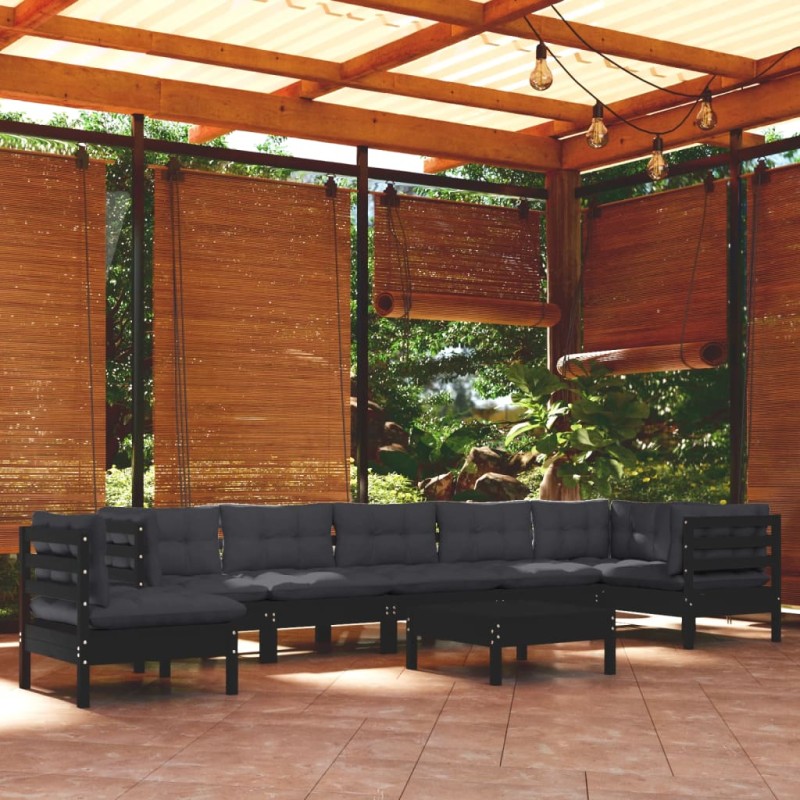 vidaXL Muebles de jardín 9 pzas y cojines negro madera maciza de pino vidaXL Muebles de jardín 9 pzas y cojines negro madera maciza de pino