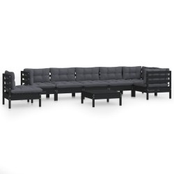 vidaXL Muebles de jardín 9 pzas y cojines negro madera maciza de pino