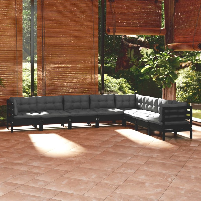 vidaXL Muebles de jardín 8 pzas y cojines negro madera maciza de pino