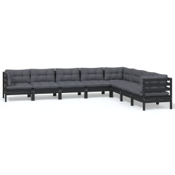 vidaXL Muebles de jardín 8 pzas y cojines negro madera maciza de pino