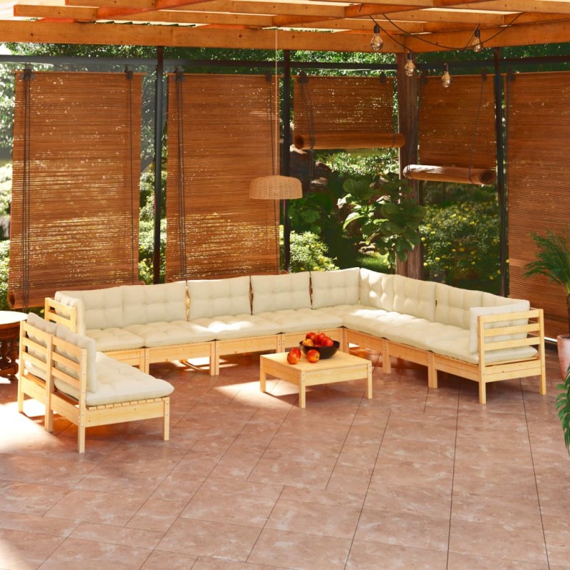 vidaXL Muebles de jardín 11 pzas y cojines madera maciza de pino crema vidaXL Muebles de jardín 11 pzas y cojines madera maciza de pino crema