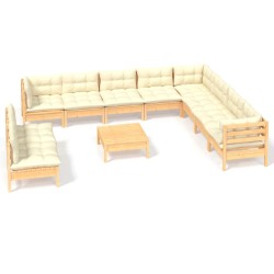 vidaXL Muebles de jardín 11 pzas y cojines madera maciza de pino crema