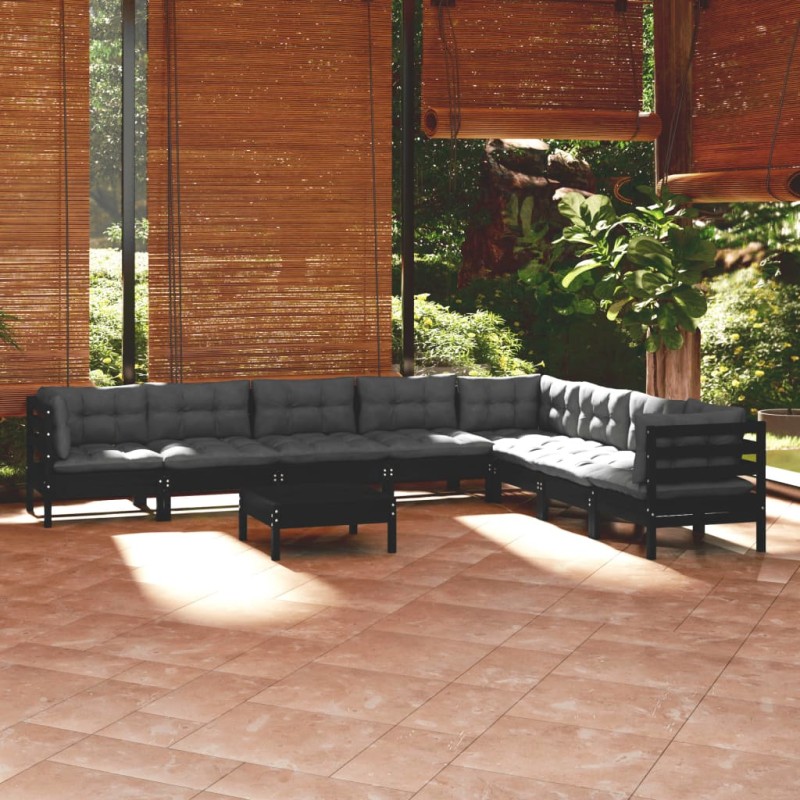 vidaXL Muebles de jardín 9 pzas y cojines negro madera maciza de pino vidaXL Muebles de jardín 9 pzas y cojines negro madera maciza de pino
