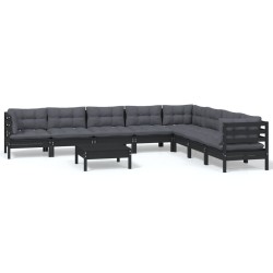 vidaXL Muebles de jardín 9 pzas y cojines negro madera maciza de pino