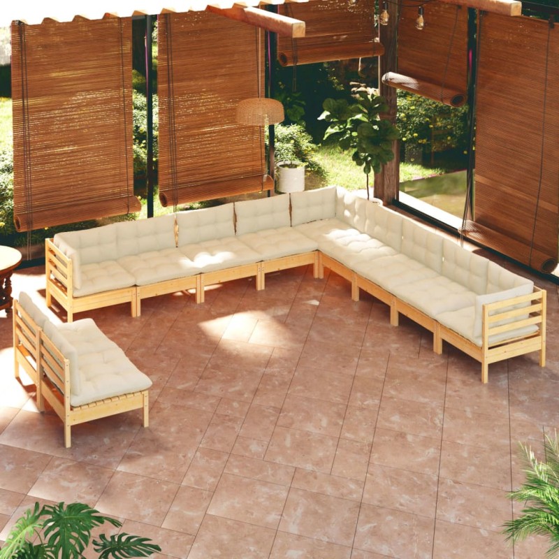 vidaXL Muebles de jardín 11 pzas y cojines madera maciza de pino crema vidaXL Muebles de jardín 11 pzas y cojines madera maciza de pino crema