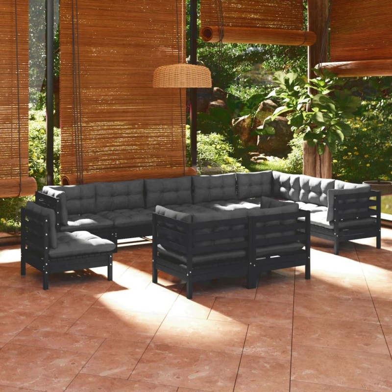 vidaXL Muebles de jardín 10 pzas y cojines negro madera maciza de pino vidaXL Muebles de jardín 10 pzas y cojines negro madera maciza de pino