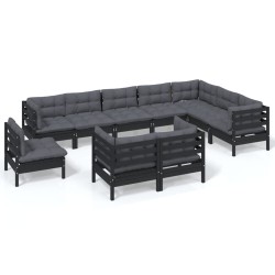 vidaXL Muebles de jardín 10 pzas y cojines negro madera maciza de pino