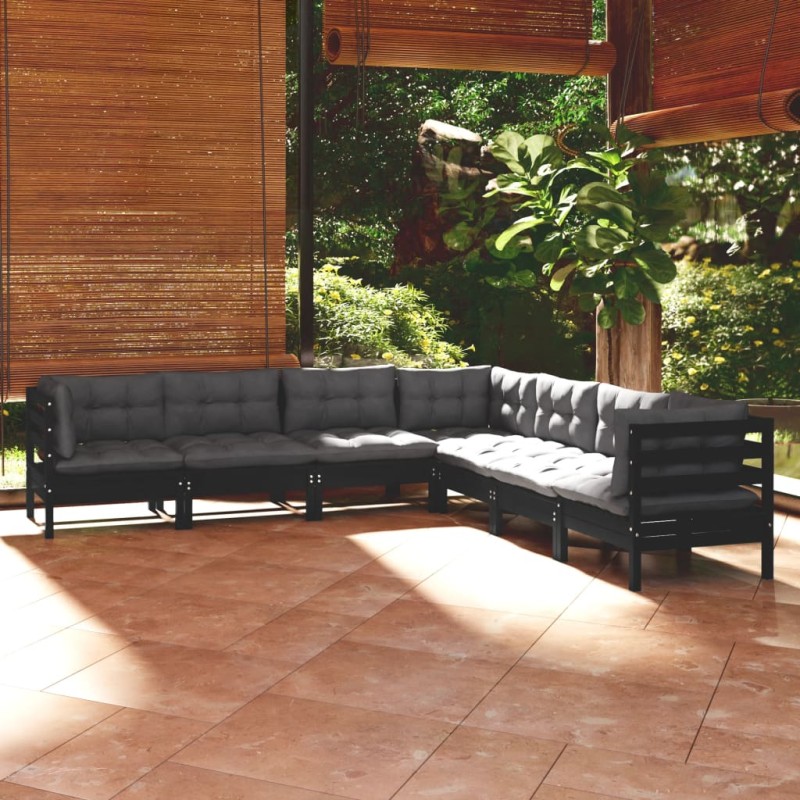 vidaXL Muebles de jardín 7 pzas y cojines negro madera maciza de pino vidaXL Muebles de jardín 7 pzas y cojines negro madera maciza de pino