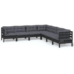vidaXL Muebles de jardín 7 pzas y cojines negro madera maciza de pino
