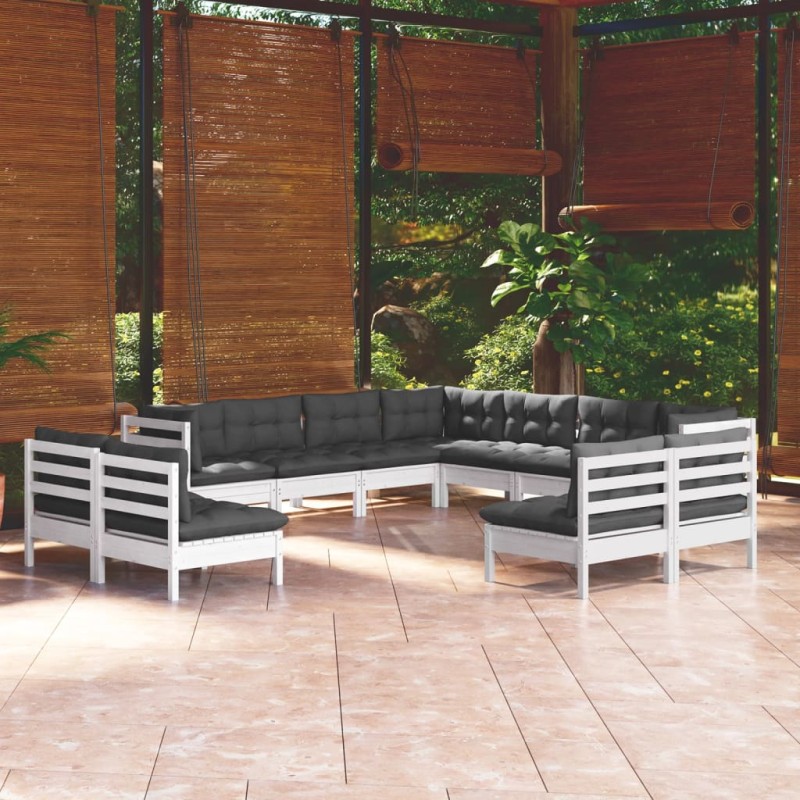 vidaXL Muebles de jardín 11 pzas y cojines blanco madera maciza pino vidaXL Muebles de jardín 11 pzas y cojines blanco madera maciza pino