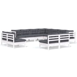 vidaXL Muebles de jardín 11 pzas y cojines blanco madera maciza pino