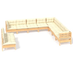 vidaXL Muebles de jardín 10 pzas y cojines madera maciza de pino crema