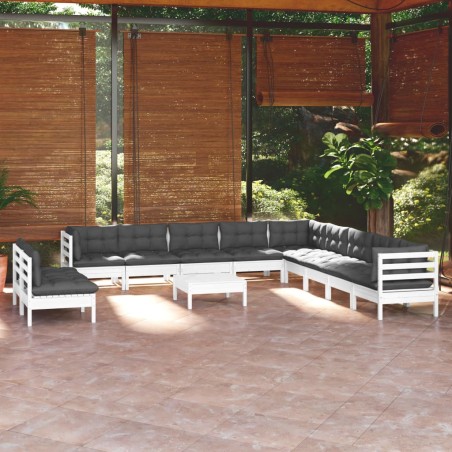 vidaXL Muebles de jardín 12 pzas con cojines blanco madera maciza pino