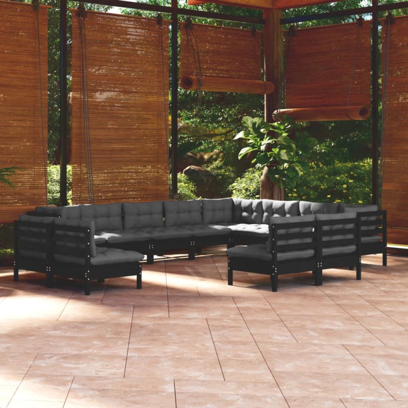 vidaXL Muebles de jardín 12 pzas y cojines negro madera maciza de pino vidaXL Muebles de jardín 12 pzas y cojines negro madera maciza de pino