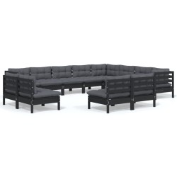vidaXL Muebles de jardín 12 pzas y cojines negro madera maciza de pino