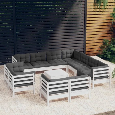 vidaXL Muebles de jardín 12 pzas con cojines blanco madera maciza pino