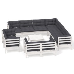 vidaXL Muebles de jardín 12 pzas con cojines blanco madera maciza pino