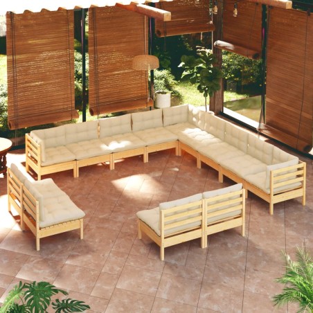 vidaXL Muebles de jardín 13 pzas y cojines madera maciza de pino crema