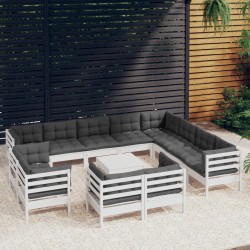 vidaXL Muebles de jardín 13 pzas y cojines blanco madera maciza pino