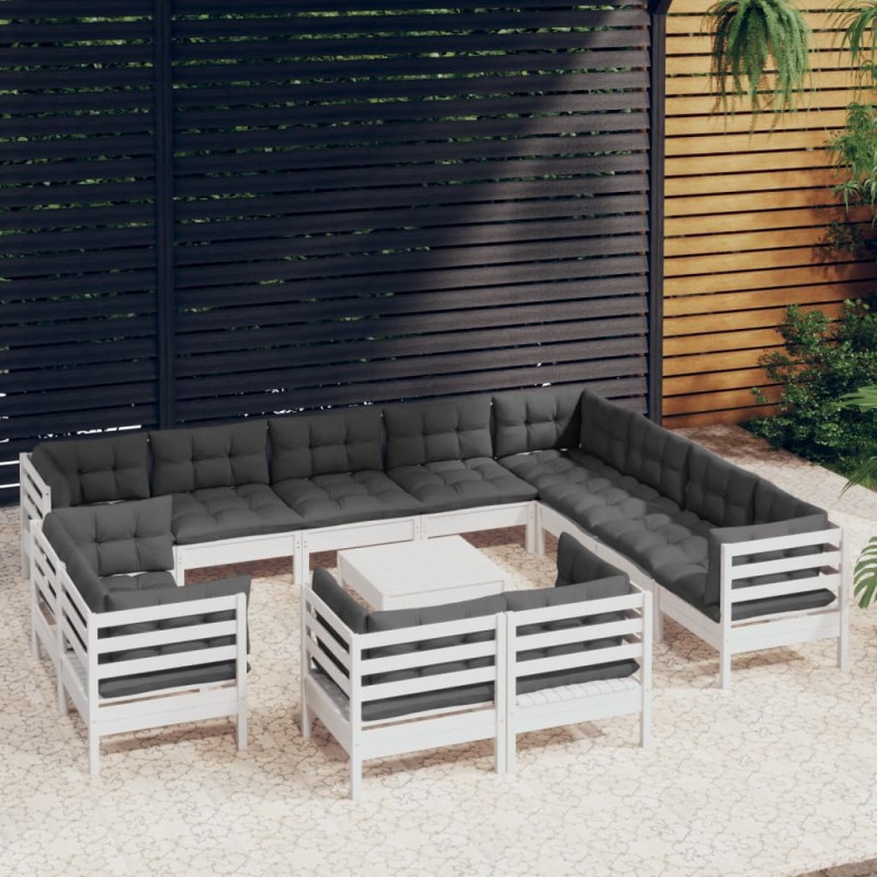 vidaXL Muebles de jardín 13 pzas y cojines blanco madera maciza pino vidaXL Muebles de jardín 13 pzas y cojines blanco madera maciza pino