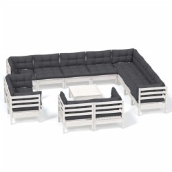 vidaXL Muebles de jardín 13 pzas y cojines blanco madera maciza pino