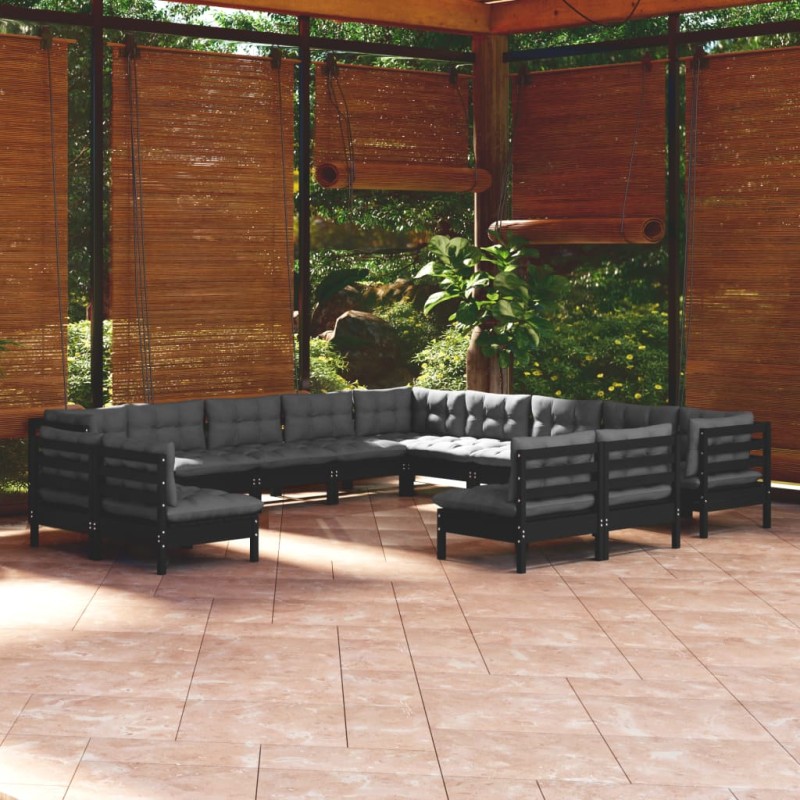 vidaXL Muebles de jardín 13 pzas y cojines negro madera maciza de pino vidaXL Muebles de jardín 13 pzas y cojines negro madera maciza de pino