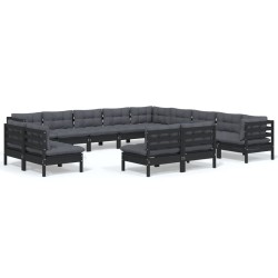 vidaXL Muebles de jardín 13 pzas y cojines negro madera maciza de pino