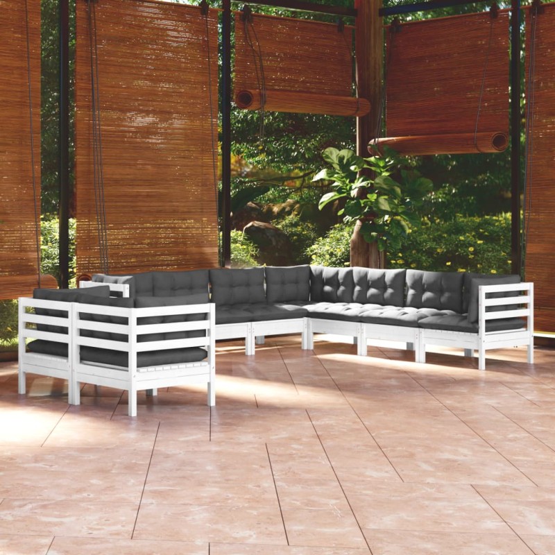 vidaXL Muebles de jardín 9 pzas y cojines blanco madera maciza de pino vidaXL Muebles de jardín 9 pzas y cojines blanco madera maciza de pino