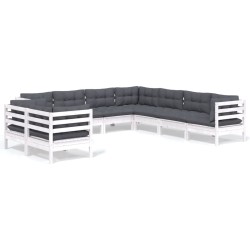 vidaXL Muebles de jardín 9 pzas y cojines blanco madera maciza de pino