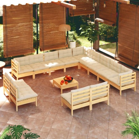 vidaXL Muebles de jardín 14 piezas cojines madera maciza de pino crema