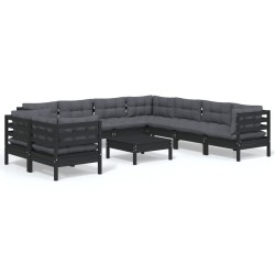 vidaXL Muebles de jardín 10 pzas con cojines negro madera maciza pino