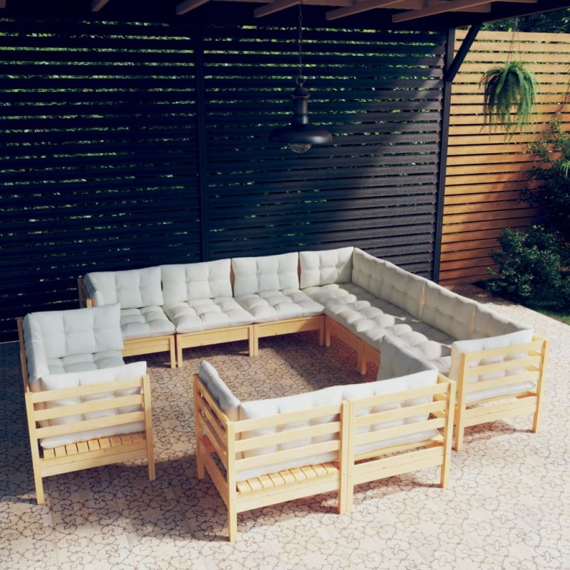 vidaXL Muebles de jardín 11 pzas y cojines madera maciza de pino crema vidaXL Muebles de jardín 11 pzas y cojines madera maciza de pino crema