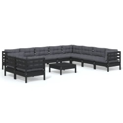 vidaXL Muebles de jardín 11 pzas con cojines negro madera maciza pino