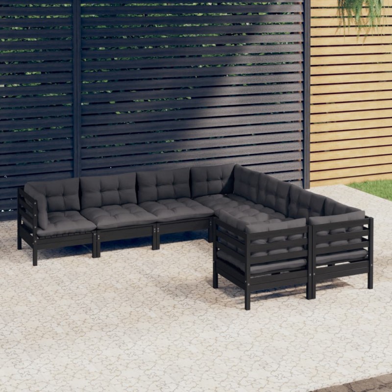 vidaXL Muebles de jardín 8 pzas y cojines negro madera maciza de pino vidaXL Muebles de jardín 8 pzas y cojines negro madera maciza de pino