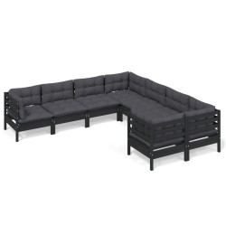 vidaXL Muebles de jardín 8 pzas y cojines negro madera maciza de pino