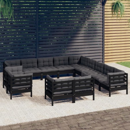 vidaXL Muebles de jardín 13 pzas y cojines negro madera maciza de pino