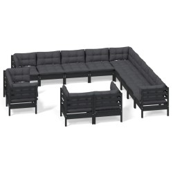 vidaXL Muebles de jardín 13 pzas y cojines negro madera maciza de pino