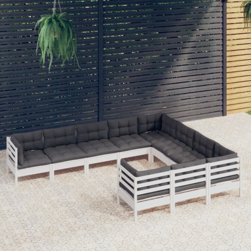 vidaXL Muebles de jardín 10 pzas y cojines blanco madera de pino vidaXL Muebles de jardín 10 pzas y cojines blanco madera de pino