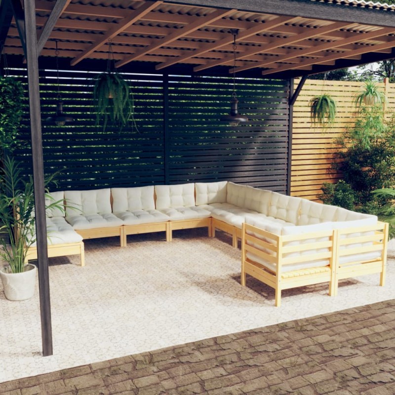 vidaXL Muebles de jardín 11 piezas y cojines madera de pino crema