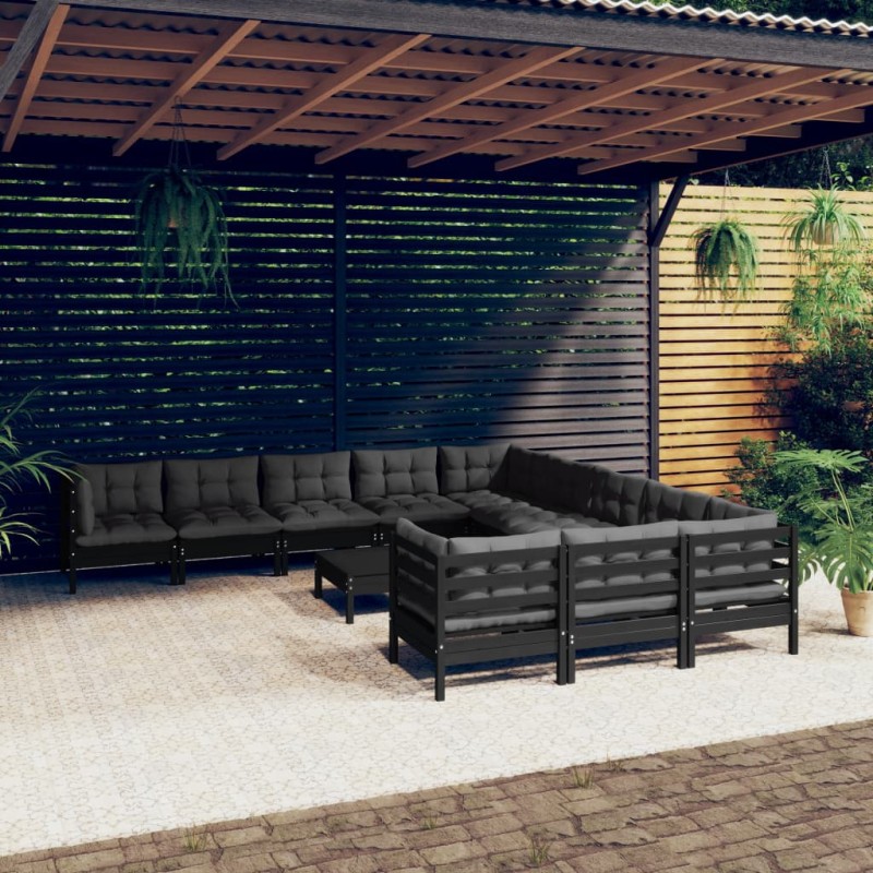 vidaXL Muebles de jardín 12 pzas con cojines negro madera de pino vidaXL Muebles de jardín 12 pzas con cojines negro madera de pino