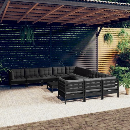 vidaXL Muebles de jardín 12 pzas con cojines negro madera de pino