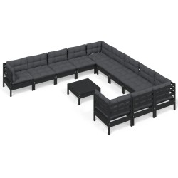 vidaXL Muebles de jardín 12 pzas con cojines negro madera de pino