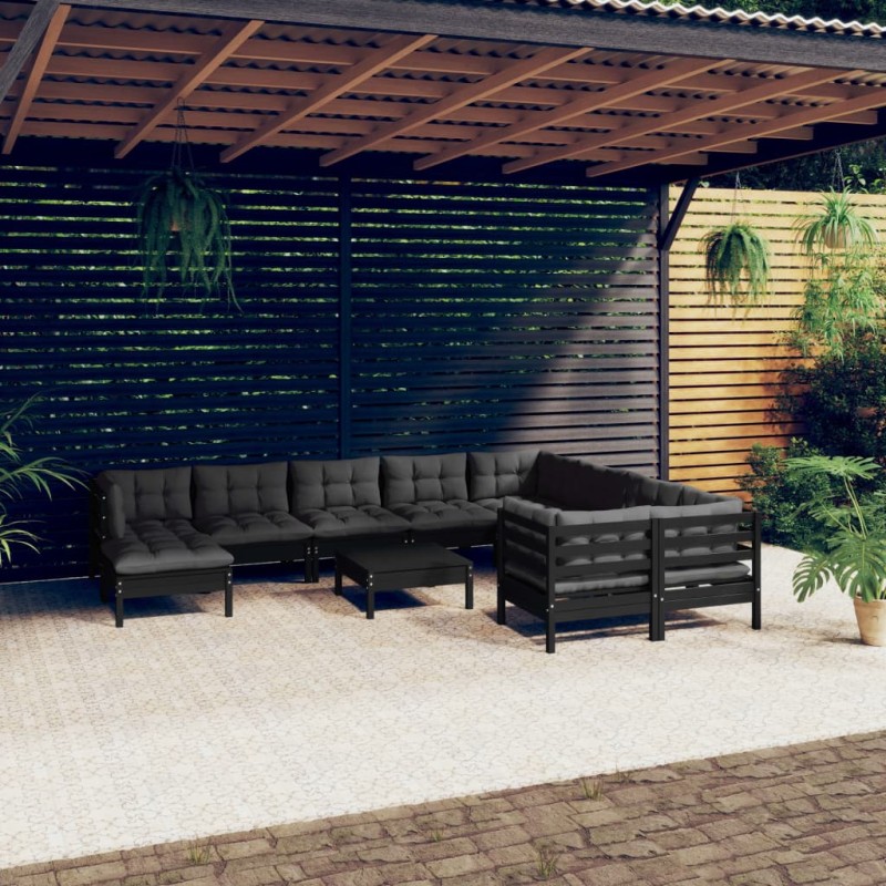 vidaXL Muebles de jardín 11 pzas con cojines negro madera de pino vidaXL Muebles de jardín 11 pzas con cojines negro madera de pino